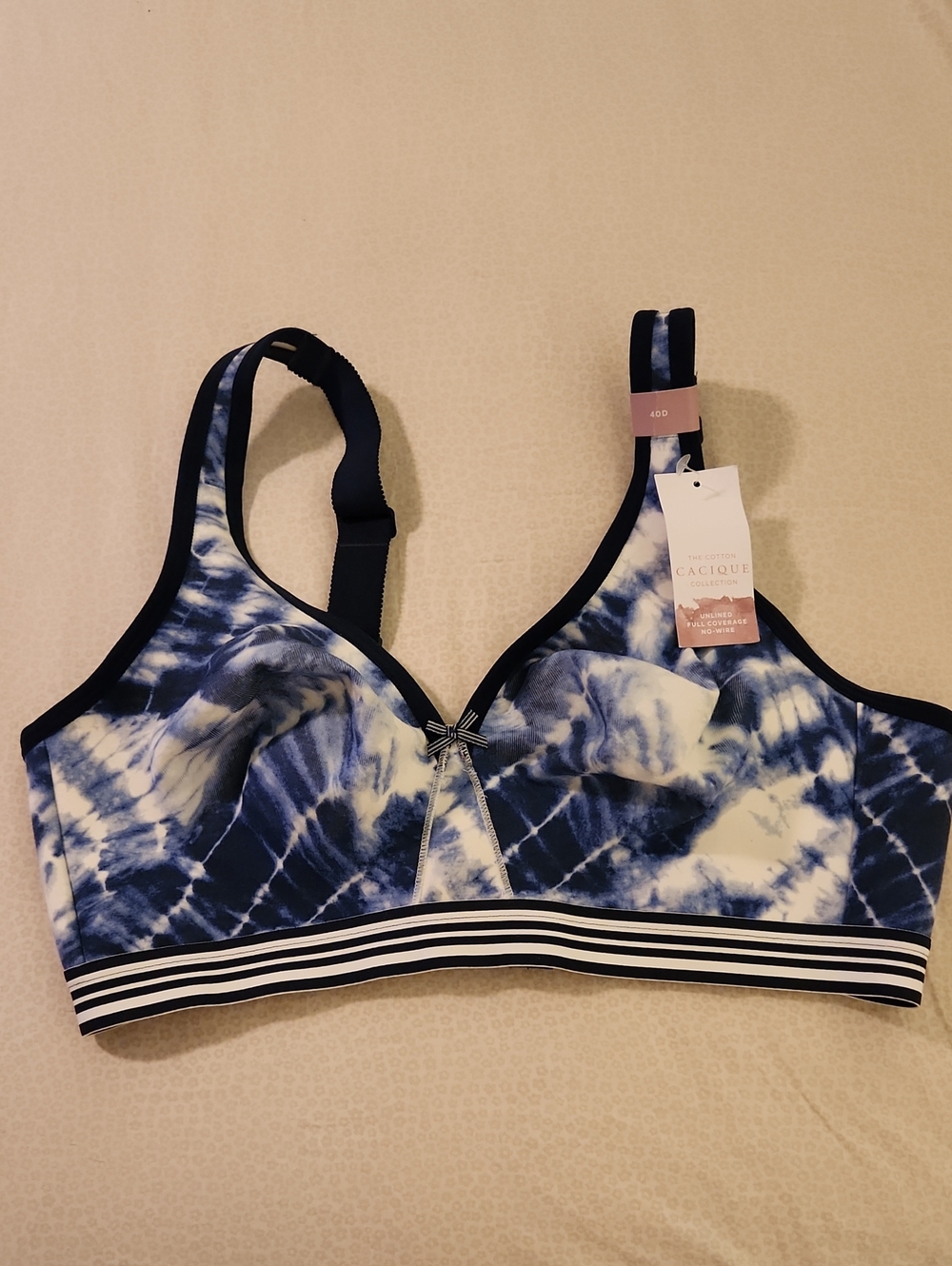 Cacique NWT Unlned Full Coverage Navy/White Tie-Dye Wireless Bra Size 40D